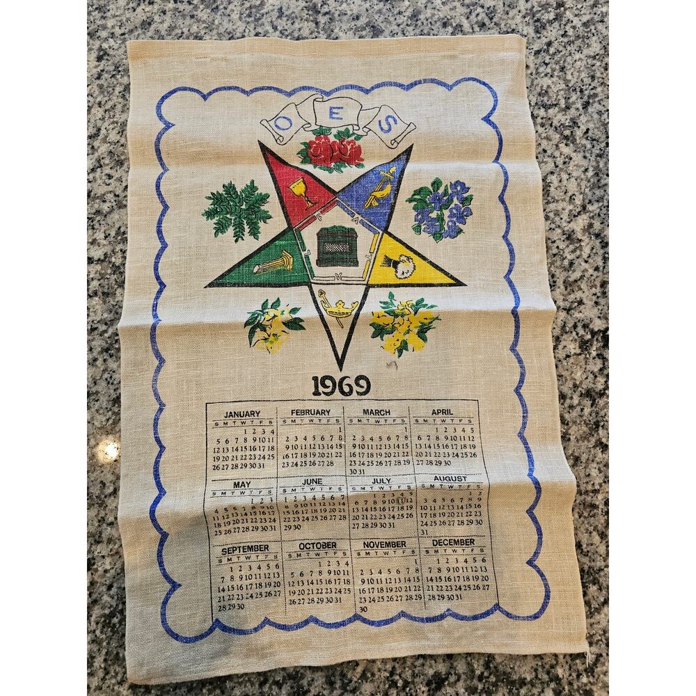 1969 Order of the Eastern Star Masonic Fabric Stevens Towel Linen Calendar